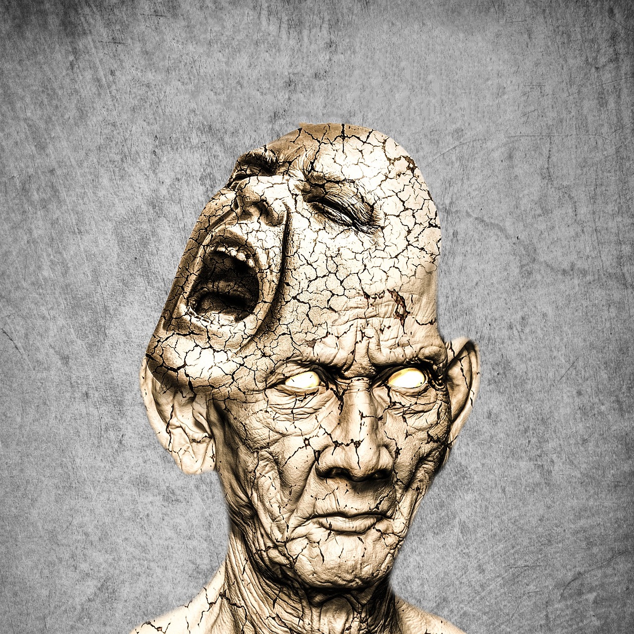 két töredezett bőrű, homokszínű fej, arc; az egyik szeme és szája csukva, a belőle kinövő másik fájdalomtól eltorzultan ordít