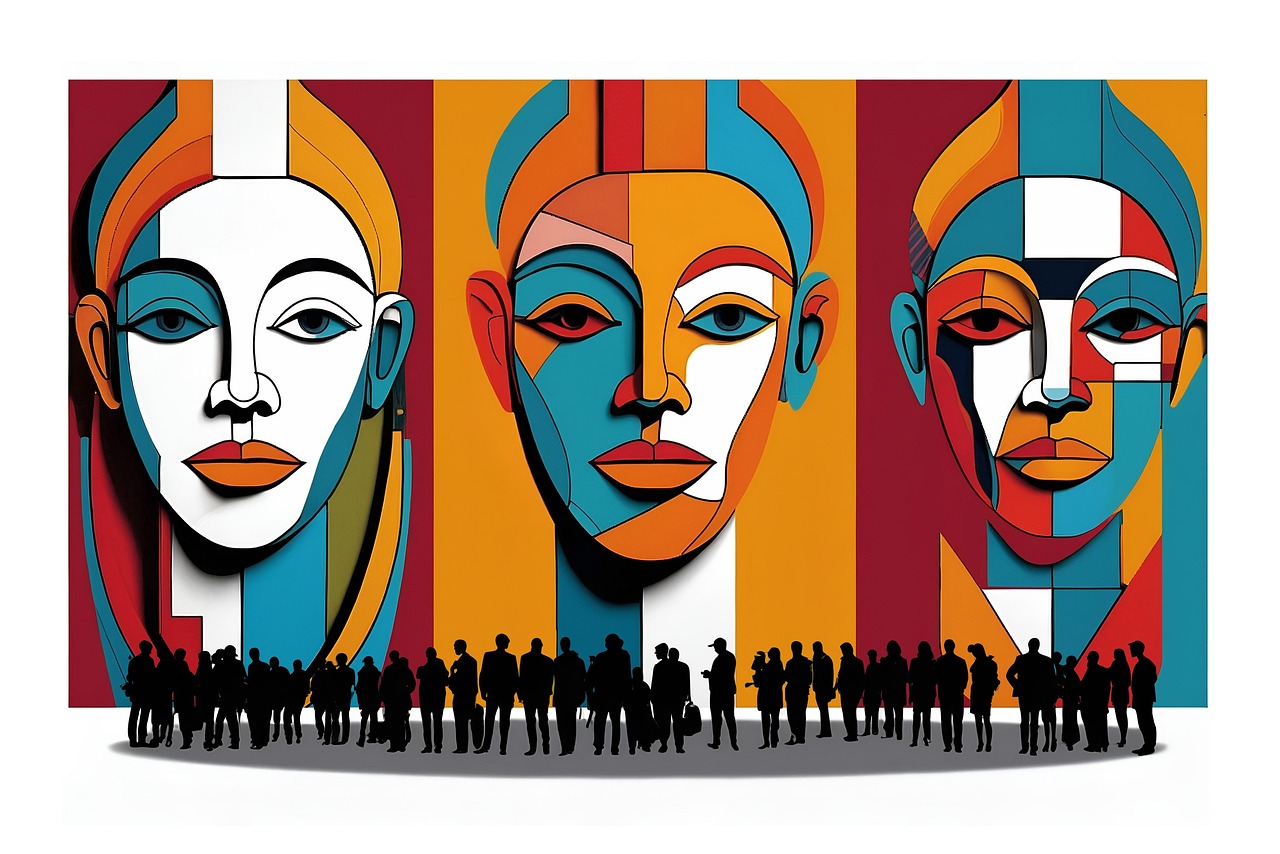 három színes, csak színeiben különböző arc, előtte emberek fekete sziluettjei