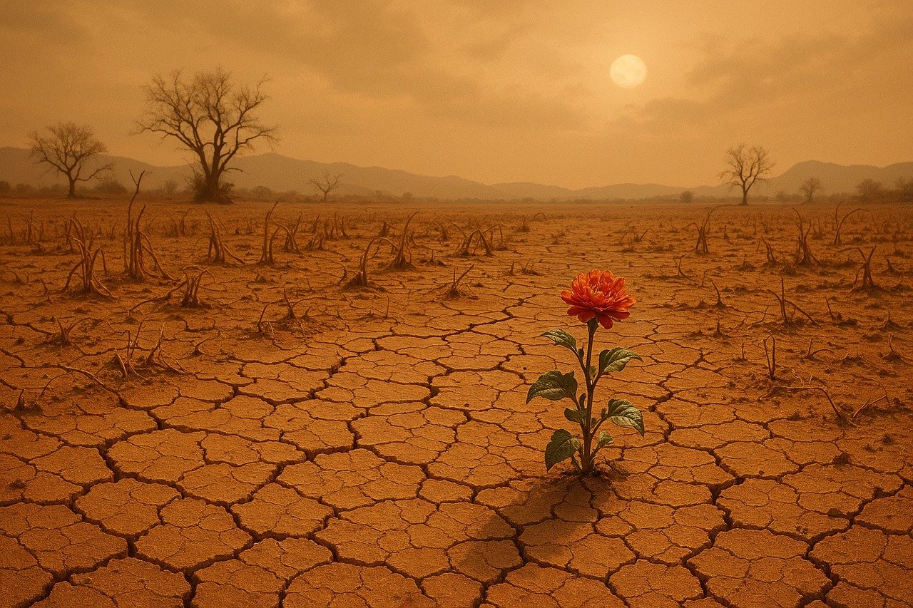 perszelő nap, aszály, szikkadt, kérges földben egy szál piros virág