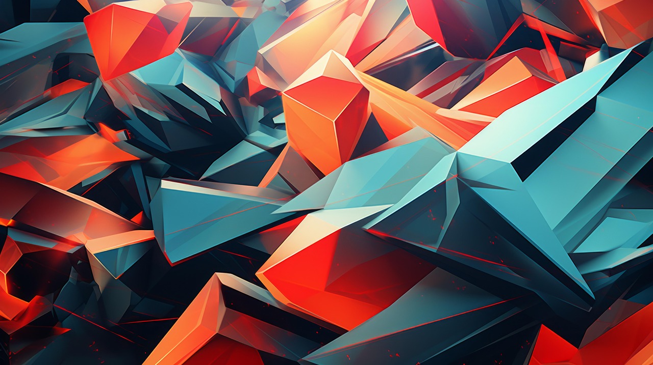 absztrakt kép, kékes-szürkés és pirosas-vöröses színű szögletes formákból