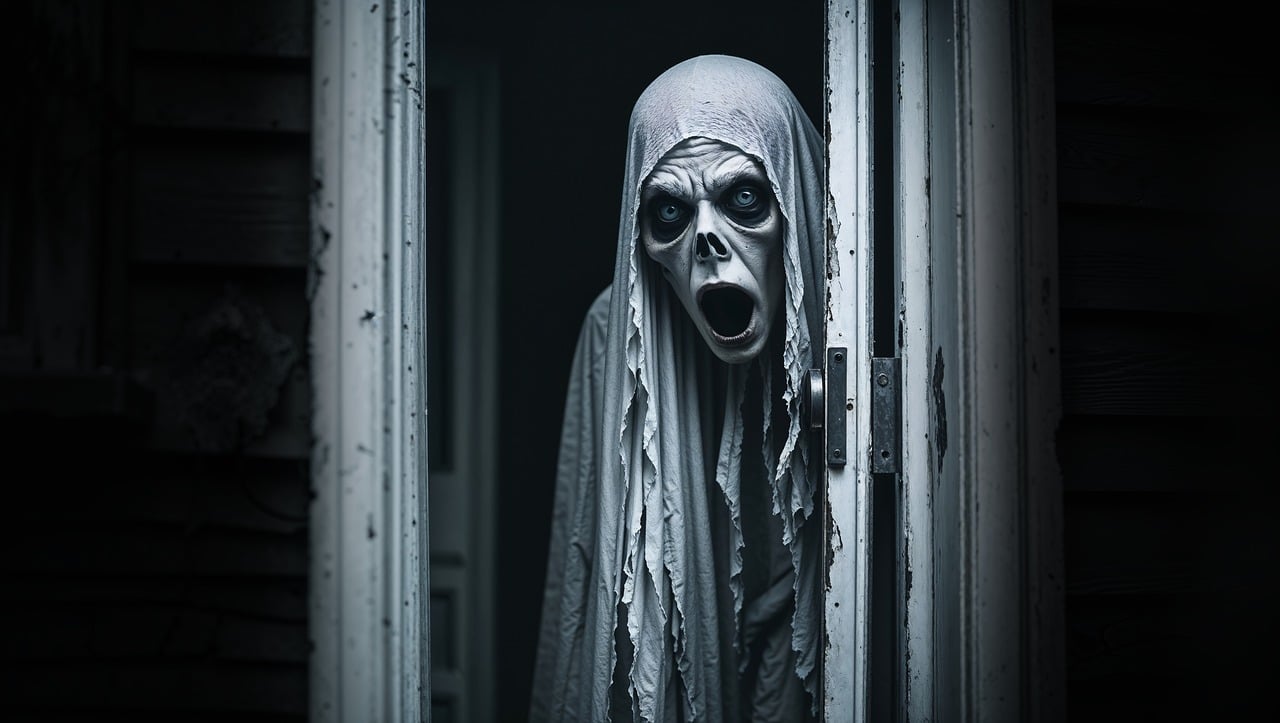 csontvázarcú szellem fehér lepelben