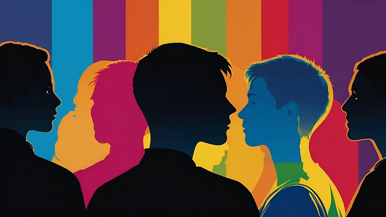 szivárvány, szerelem szivárványszínű háttér előtt szerelmetes férfias nők, nőies férfiak sziluettjei