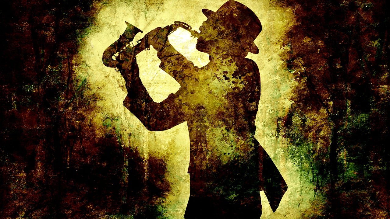 fekete, árnyékszerű szaxofonos jazz-zenész sárga, füstszerű háttérrel - rajz