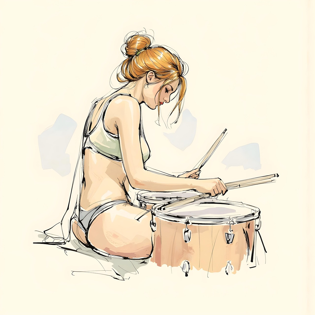 női dobos_rajz szőke női dobos fehérneműben, előtte dob, kezében dobütő